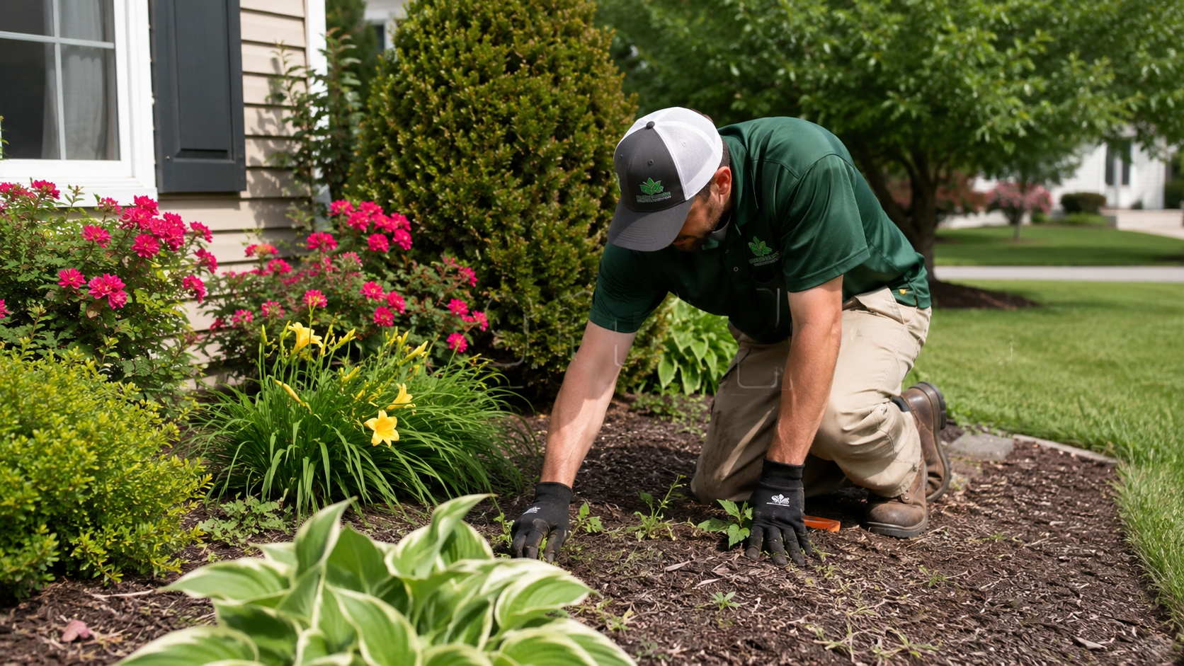 Weeding plant beds for clean garden maintenance