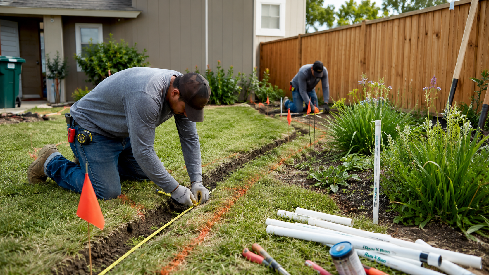 Preparing sprinkler and drip irrigation trench lines