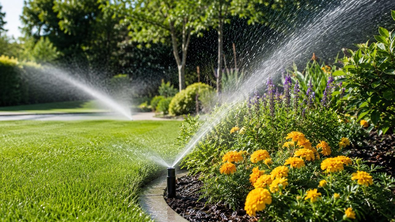 Sprinkler system watering a garden