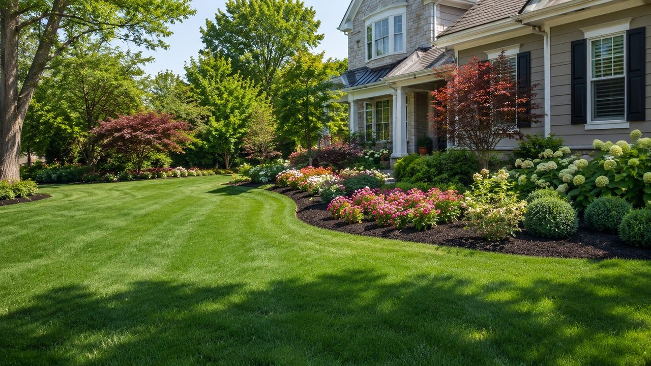 Lush green lawn and planted beds